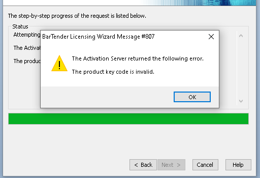 Bartender Licensing Wizard Error 807 The Product Key Code Is Invalid Bartender Support Portal